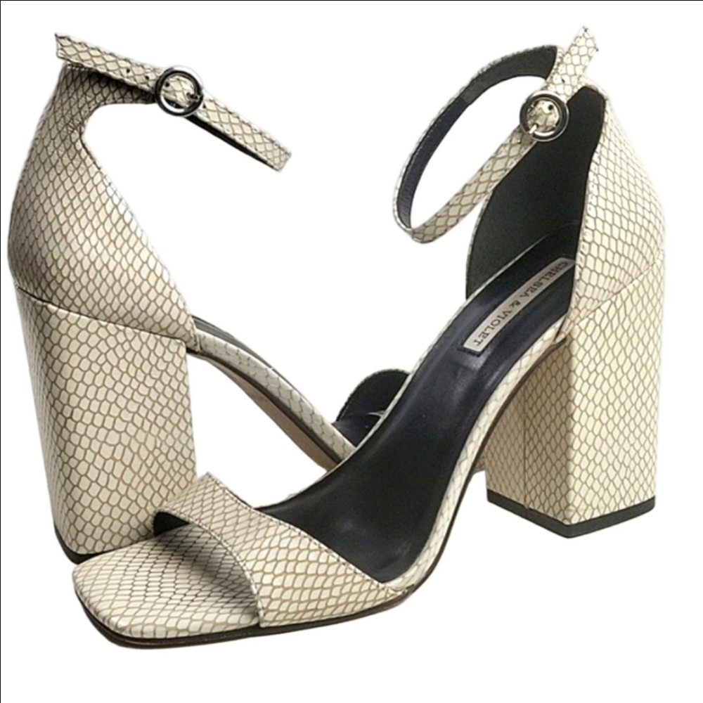 Chelsea & Violet Tara Snakeskin Embossed Leather Block Heel Ankle Strap Sandal